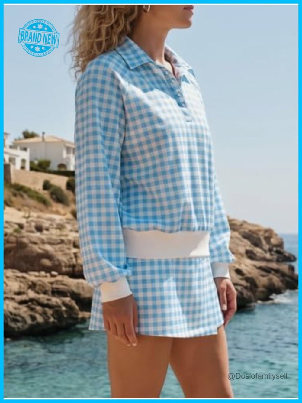 Women's 2 Piece Gingham Plaid Polo Collar Long Sleeve Top and Mini Skirt Set